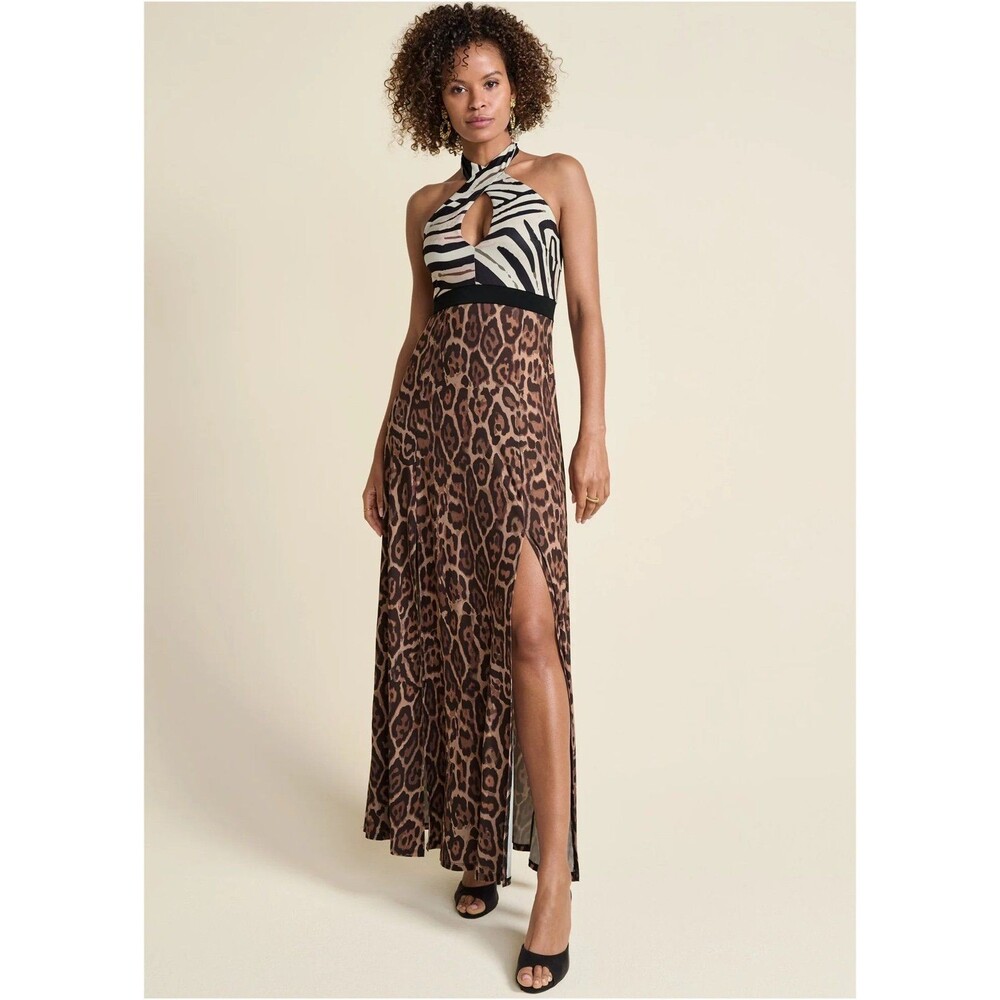 Venus leopard zebra halter maxi dress size large NWOT